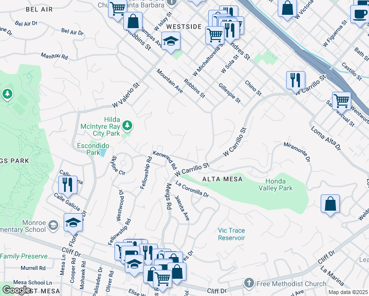 map of restaurants, bars, coffee shops, grocery stores, and more near 1290 Mountain View Road in Santa Barbara