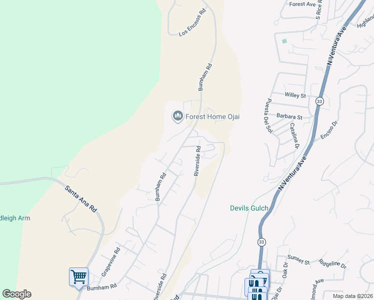 map of restaurants, bars, coffee shops, grocery stores, and more near 690 Riverside Road in Oak View