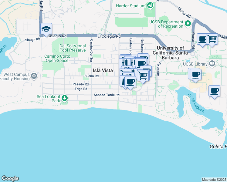 map of restaurants, bars, coffee shops, grocery stores, and more near 6617 Trigo Road in Goleta