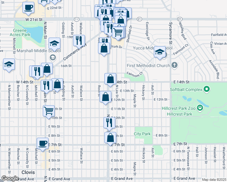 map of restaurants, bars, coffee shops, grocery stores, and more near 813 East 13th Street in Clovis