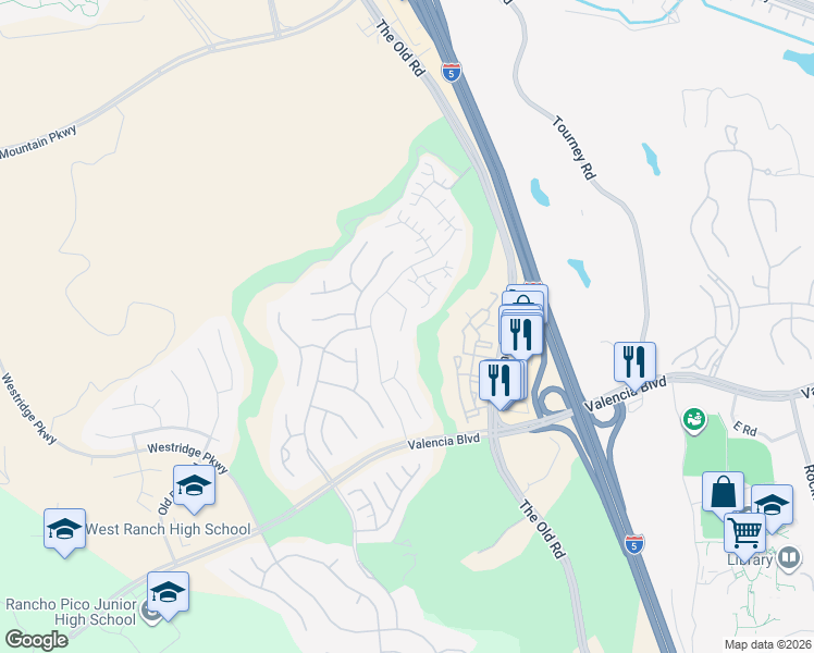 map of restaurants, bars, coffee shops, grocery stores, and more near 26972 Pebble Beach Drive in Los Angeles County