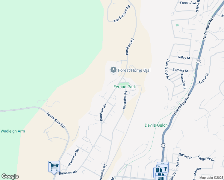 map of restaurants, bars, coffee shops, grocery stores, and more near 543 Burnham Road in Oak View