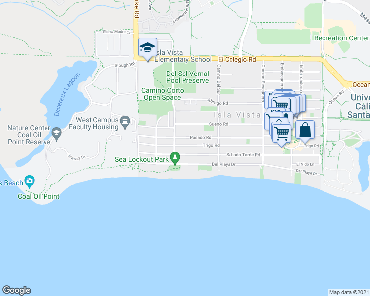 map of restaurants, bars, coffee shops, grocery stores, and more near 6771 Trigo Road in Isla Vista
