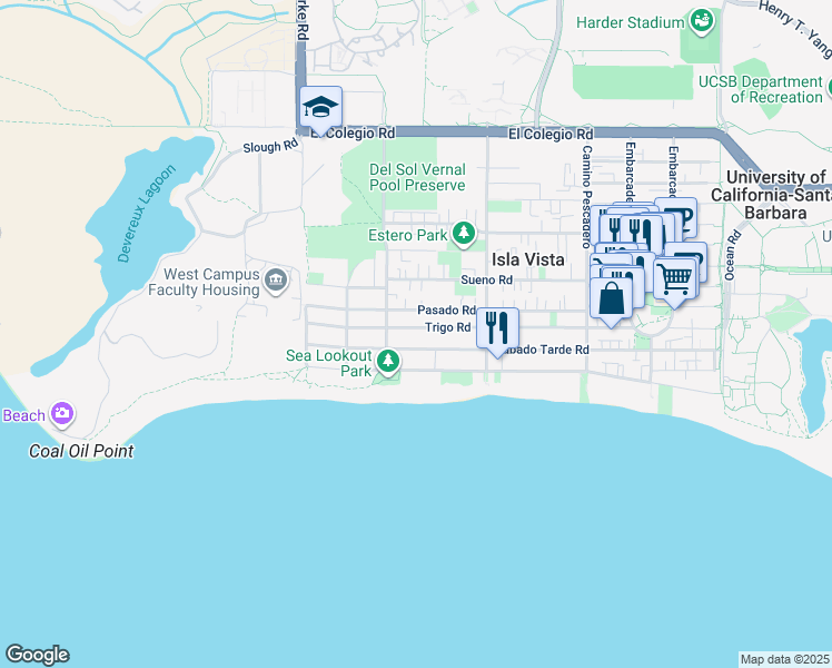 map of restaurants, bars, coffee shops, grocery stores, and more near 6765 Trigo Road in Goleta