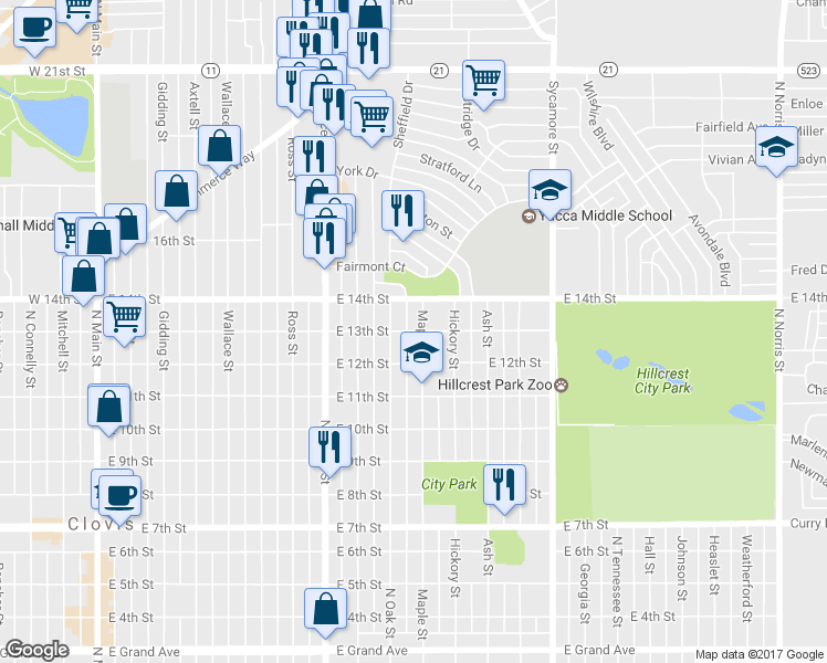 map of restaurants, bars, coffee shops, grocery stores, and more near 1017 East 13th Street in Clovis