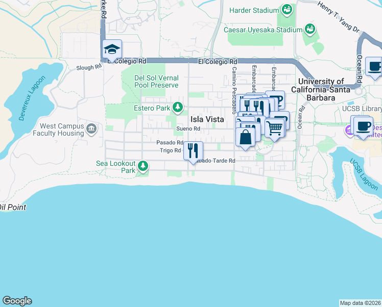 map of restaurants, bars, coffee shops, grocery stores, and more near 6695 Trigo Road in Goleta