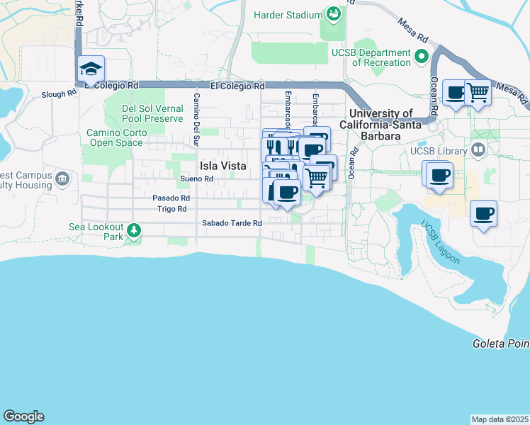 map of restaurants, bars, coffee shops, grocery stores, and more near 6604 Trigo Road in Isla Vista
