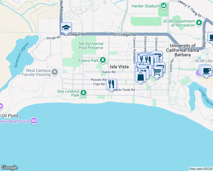 map of restaurants, bars, coffee shops, grocery stores, and more near 6720 Trigo Road in Isla Vista