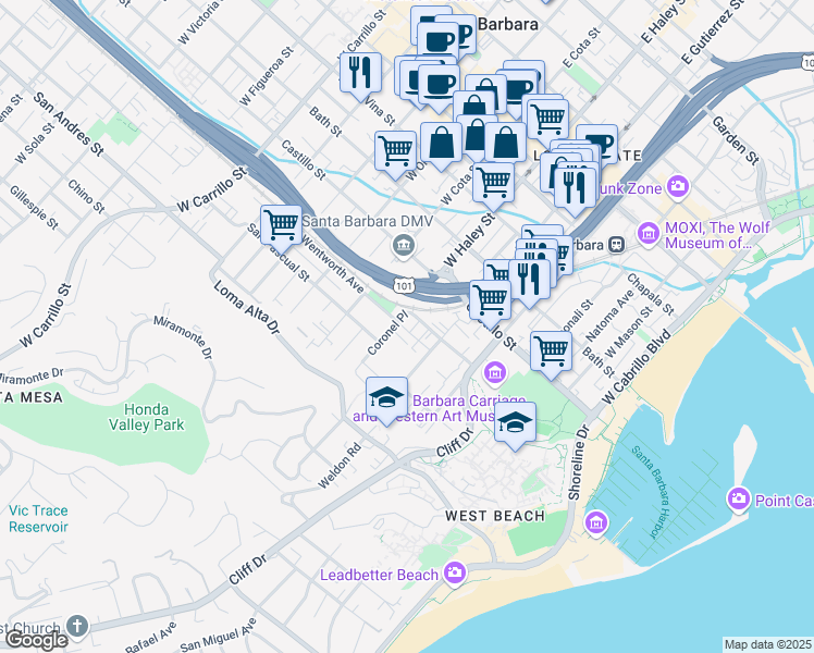 map of restaurants, bars, coffee shops, grocery stores, and more near 509 Coronel Place in Santa Barbara