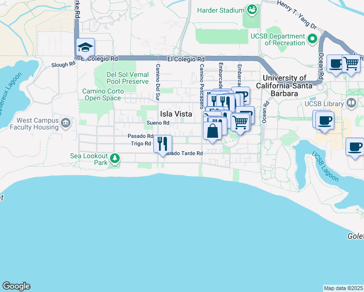 map of restaurants, bars, coffee shops, grocery stores, and more near 6645 Trigo Road in Goleta