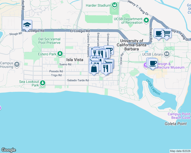 map of restaurants, bars, coffee shops, grocery stores, and more near 961 Embarcadero del Mar in Goleta