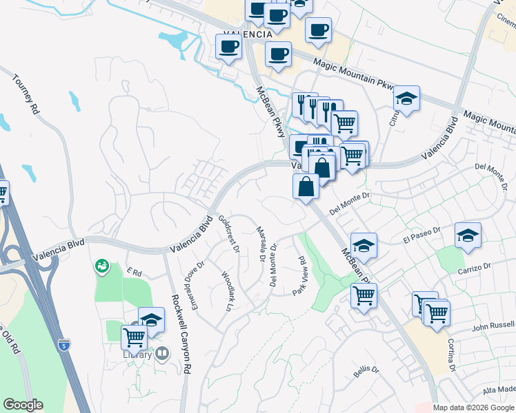 map of restaurants, bars, coffee shops, grocery stores, and more near 24135 Del Monte Drive in Santa Clarita