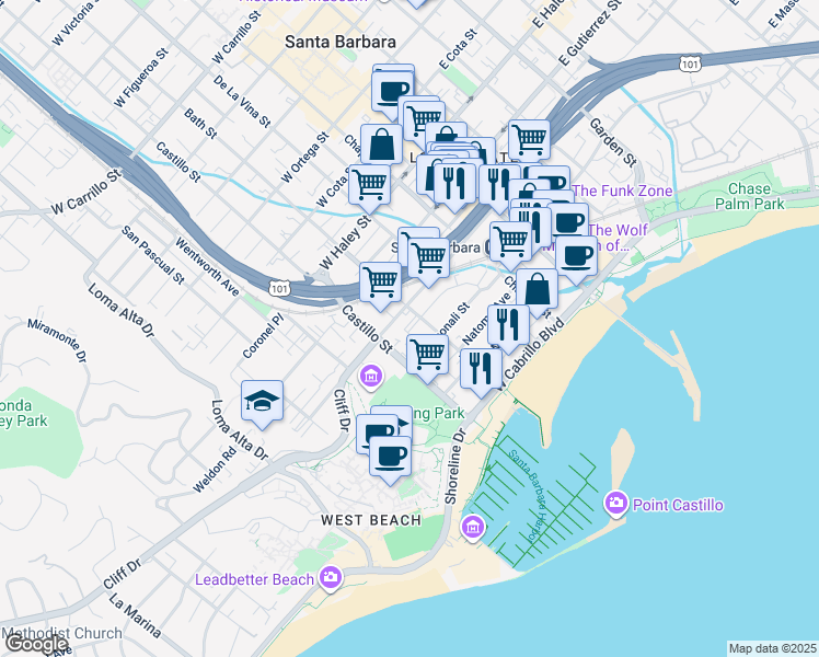 map of restaurants, bars, coffee shops, grocery stores, and more near 231 Los Aguajes Avenue in Santa Barbara