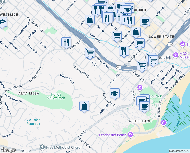 map of restaurants, bars, coffee shops, grocery stores, and more near 636 West Ortega Street in Santa Barbara