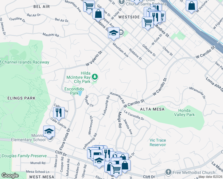 map of restaurants, bars, coffee shops, grocery stores, and more near 1328 Kenwood Road in Santa Barbara