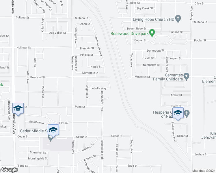 map of restaurants, bars, coffee shops, grocery stores, and more near 13922 Lobelia Way in Hesperia