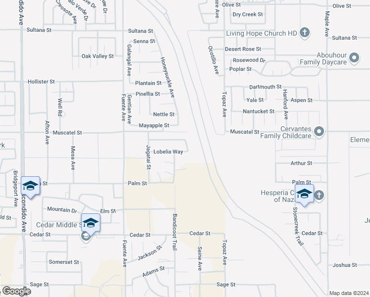 map of restaurants, bars, coffee shops, grocery stores, and more near 13922 Lobelia Way in Hesperia