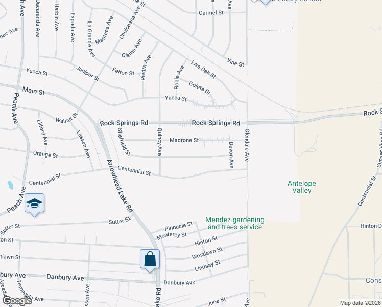 map of restaurants, bars, coffee shops, grocery stores, and more near 19080 Sheffield Street in Hesperia
