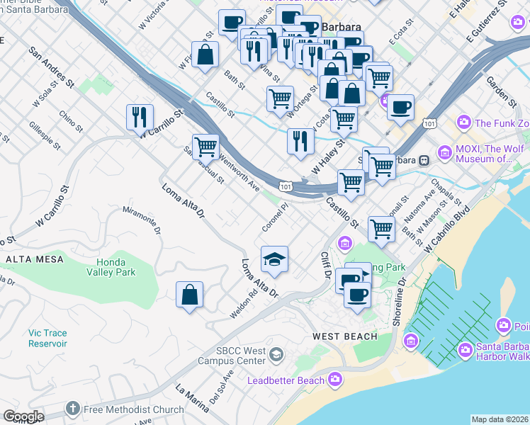 map of restaurants, bars, coffee shops, grocery stores, and more near 531 West Cota Street in Santa Barbara