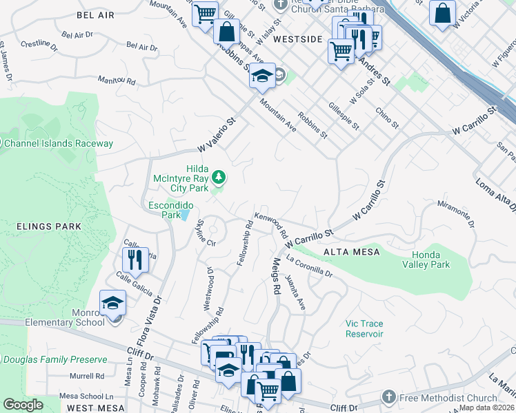 map of restaurants, bars, coffee shops, grocery stores, and more near 1328 Kenwood Road in Santa Barbara
