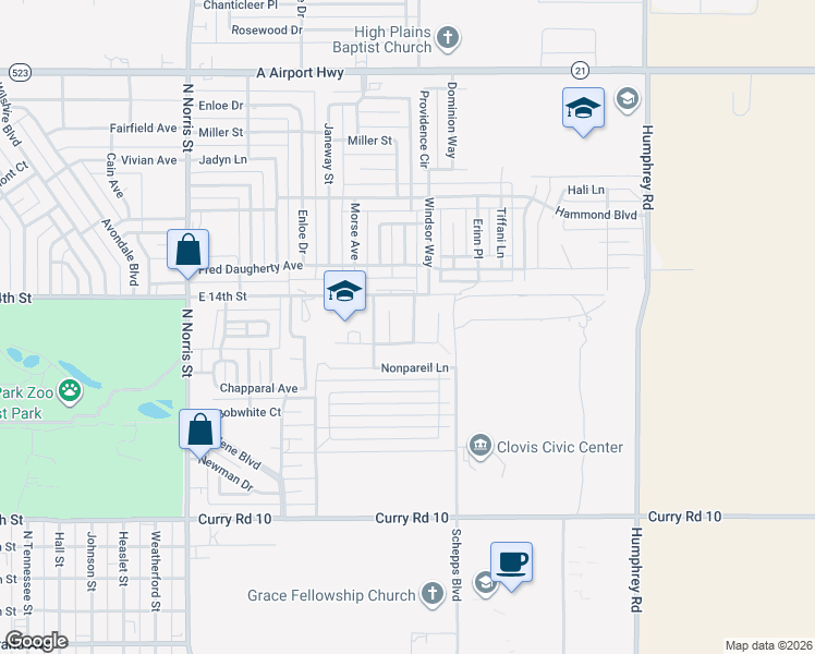 map of restaurants, bars, coffee shops, grocery stores, and more near 1600 Windsor Way in Clovis