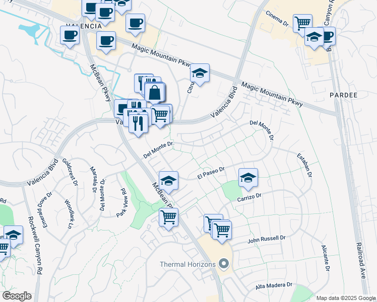 map of restaurants, bars, coffee shops, grocery stores, and more near 26212 Benito Court in Santa Clarita