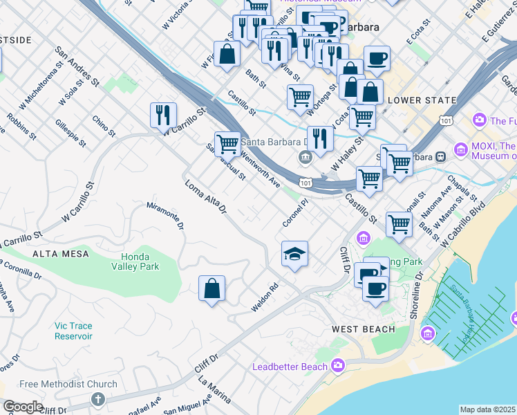 map of restaurants, bars, coffee shops, grocery stores, and more near 614 West Cota Street in Santa Barbara