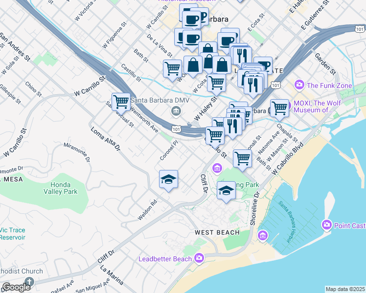 map of restaurants, bars, coffee shops, grocery stores, and more near 421 Rancheria Street in Santa Barbara