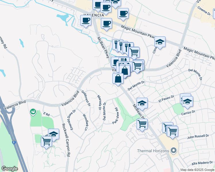 map of restaurants, bars, coffee shops, grocery stores, and more near 24157 West Del Monte Drive in Santa Clarita