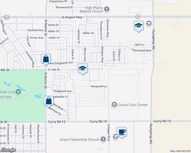 map of restaurants, bars, coffee shops, grocery stores, and more near 1600 Windsor Way in Clovis