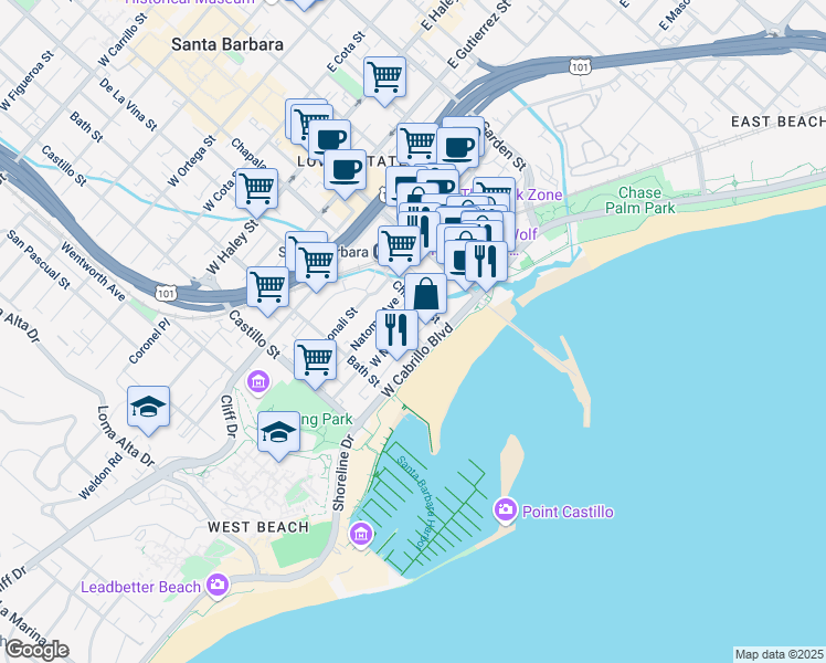 map of restaurants, bars, coffee shops, grocery stores, and more near in Santa Barbara