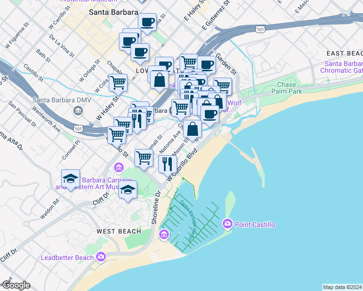 map of restaurants, bars, coffee shops, grocery stores, and more near 123 Natoma Avenue in Santa Barbara