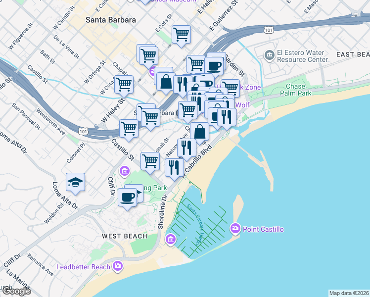 map of restaurants, bars, coffee shops, grocery stores, and more near 123 Natoma Avenue in Santa Barbara