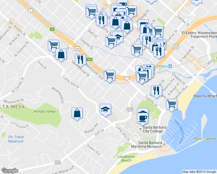map of restaurants, bars, coffee shops, grocery stores, and more near 508 Coronel Place in Santa Barbara