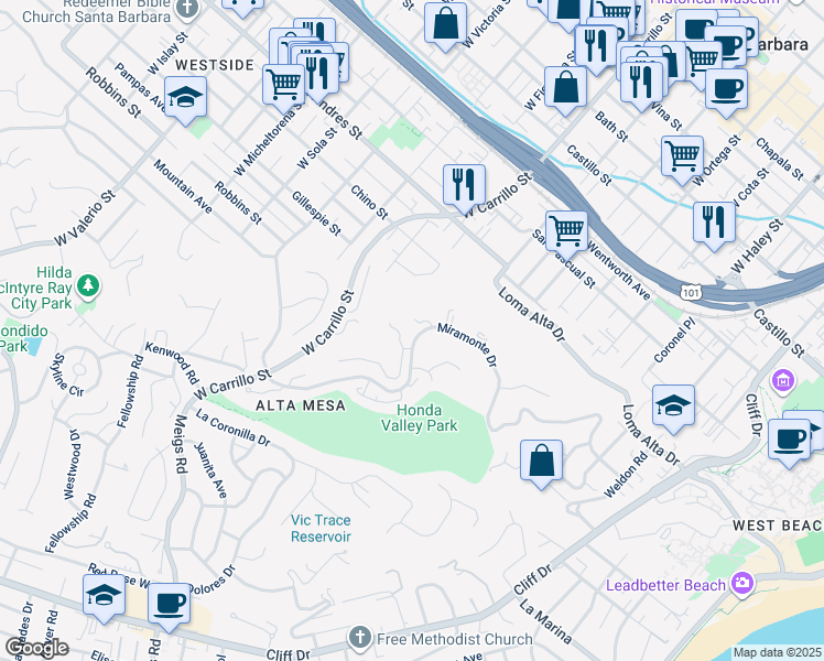 map of restaurants, bars, coffee shops, grocery stores, and more near 848 Miramonte Drive in Santa Barbara