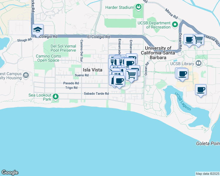 map of restaurants, bars, coffee shops, grocery stores, and more near 6597 Trigo Road in Isla Vista