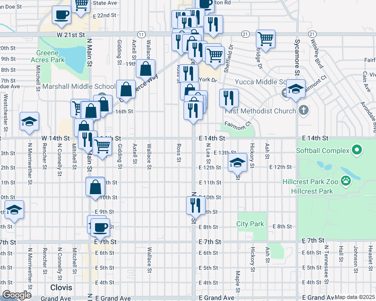map of restaurants, bars, coffee shops, grocery stores, and more near 712 East 13th Street in Clovis