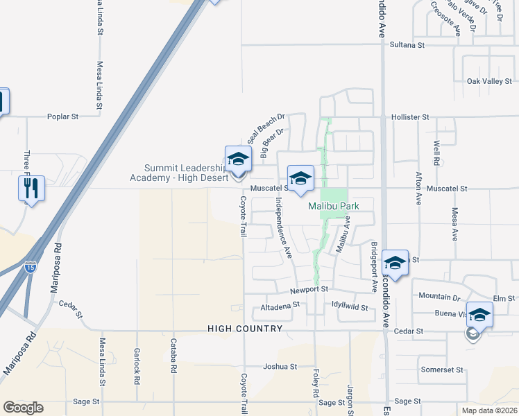 map of restaurants, bars, coffee shops, grocery stores, and more near 12942 Fawnskin Street in Hesperia