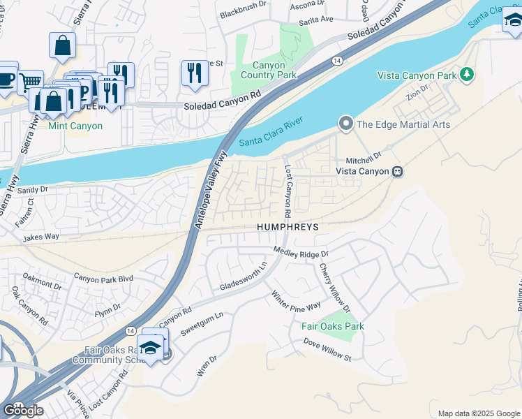 map of restaurants, bars, coffee shops, grocery stores, and more near 17538 West Harris Way in Los Angeles County