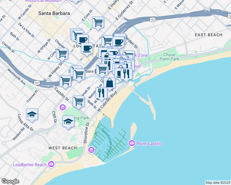 map of restaurants, bars, coffee shops, grocery stores, and more near W Cabrillo Blvd & Chapala St in Santa Barbara