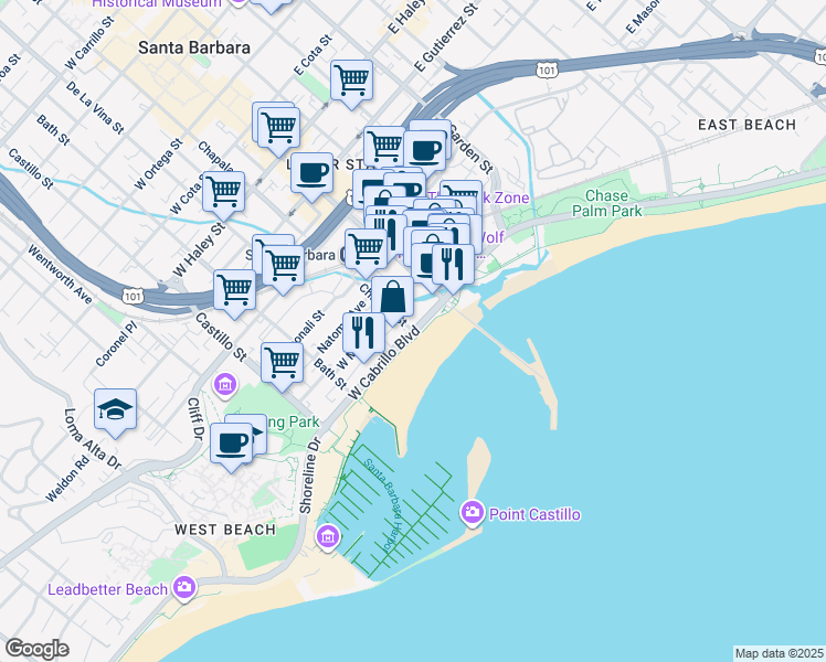 map of restaurants, bars, coffee shops, grocery stores, and more near 1 Chapala Street in Santa Barbara