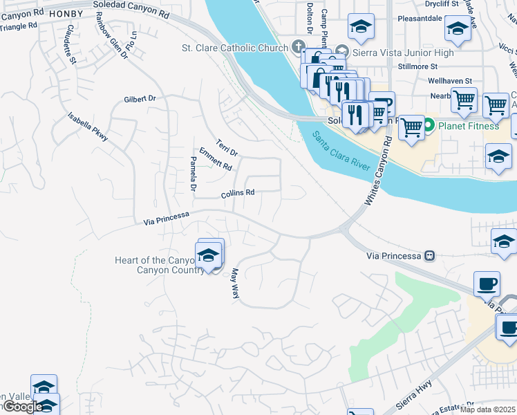 map of restaurants, bars, coffee shops, grocery stores, and more near 19870 Collins Road in Santa Clarita