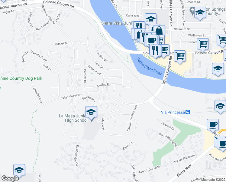 map of restaurants, bars, coffee shops, grocery stores, and more near 26729 Peajay Way in Santa Clarita