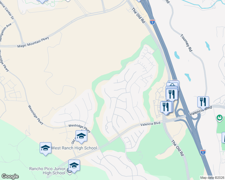 map of restaurants, bars, coffee shops, grocery stores, and more near 25657 Birchleaf Court in Los Angeles County