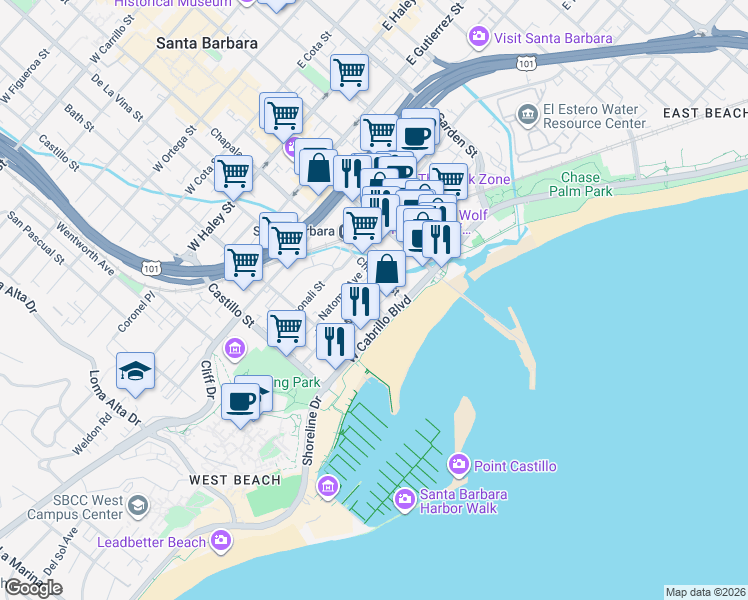 map of restaurants, bars, coffee shops, grocery stores, and more near 119 West Mason Street in Santa Barbara