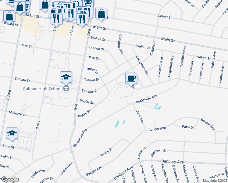 map of restaurants, bars, coffee shops, grocery stores, and more near 17581 Sultana Street in Hesperia