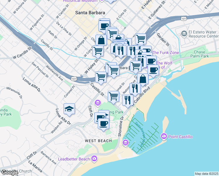 map of restaurants, bars, coffee shops, grocery stores, and more near 231 Los Aguajes Avenue in Santa Barbara