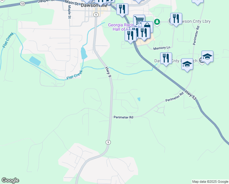 map of restaurants, bars, coffee shops, grocery stores, and more near 57 Reeves Court in Dawsonville