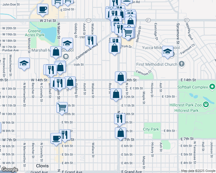 map of restaurants, bars, coffee shops, grocery stores, and more near 1300 Ross Street in Clovis