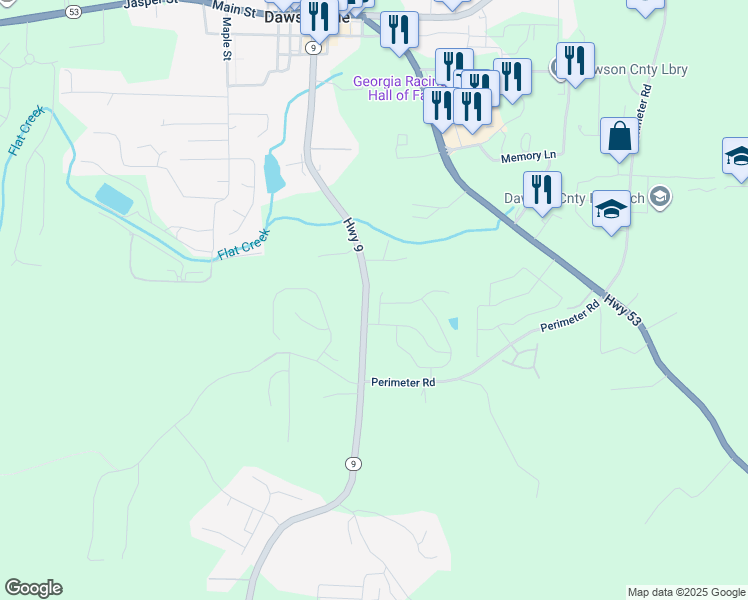 map of restaurants, bars, coffee shops, grocery stores, and more near 57 Reeves Court in Dawsonville